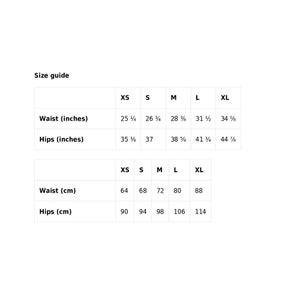 May include: Size chart for clothing with measurements in inches and centimeters. The chart shows sizes XS, S, M, L, and XL with corresponding waist and hip measurements.