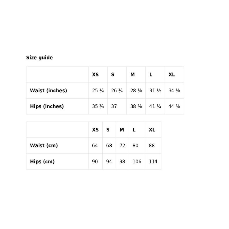 May include: Size chart for clothing with measurements in inches and centimeters. The chart shows sizes XS, S, M, L, and XL with corresponding waist and hip measurements.