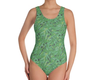 Maiô de uma peça com estampa de folha tropical verde, maiô feminino com estampa de selva, trajes de banho modestos, maiô com estampa botânica, bodysuits