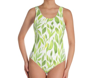 Leaf Print One piece Swimsuit, Green Bathing suit, Many sizes