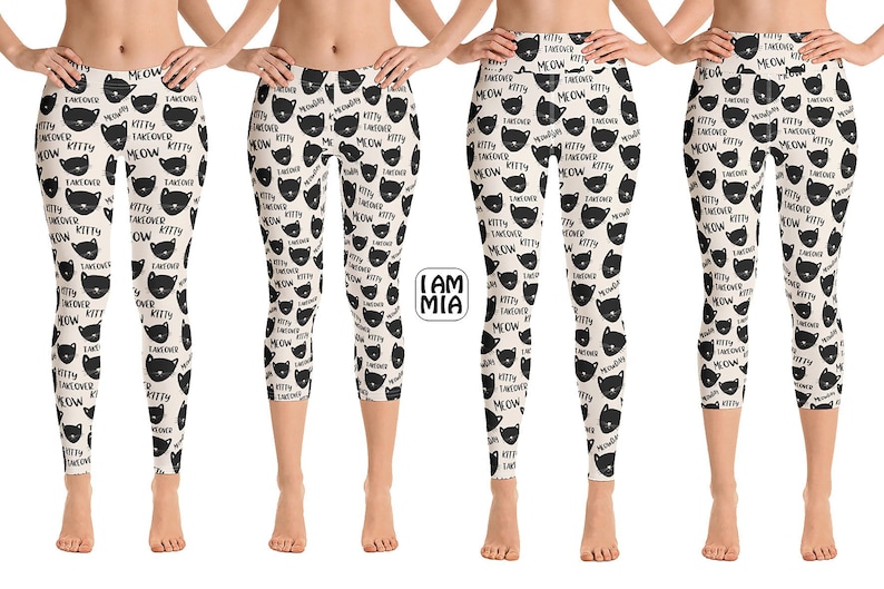 May include: Four pairs of black and white leggings with a repeating pattern of black cat faces and the text "Kitty Takeover Meow".