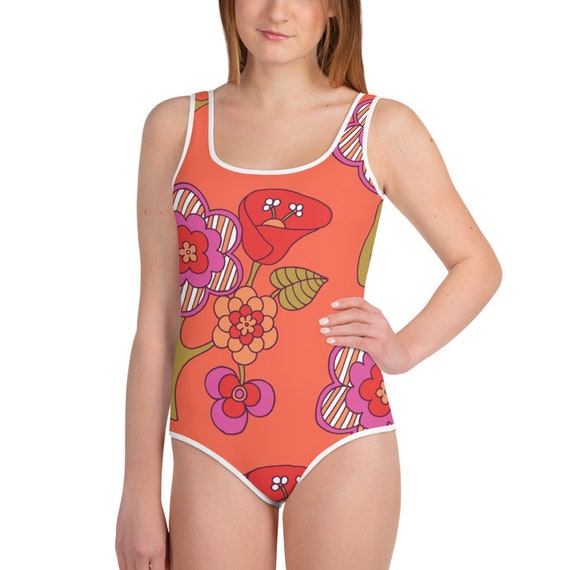 Orange Flower Print Youth Swimsuit for Preteen Teen Girls | Etsy