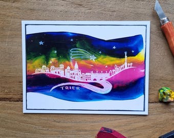 Handgemalte Enkaustik Grußkarte / Trier an der Mosel / Stadt am Fluss / leuchtende Farben / kein Druck / als Original verschickt