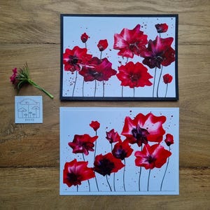 Set von 2 minimalistischen Kunstwerken mit kräftig roten Mohnblumen // Enkaustikmalerei // DIN 6 // handgemalt // als Original verschickt
