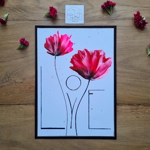 Salutations d'amour // Carte d'anniversaire de mariage ou de Saint-Valentin // Coquelicots aux couleurs vives de l'encaustique // DIN 5 // peint à la main // Original