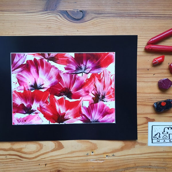 Abstract encaustic painting, encaustic flowers, poppy field, unique artwork made of beeswax, Valentine's card, handmade