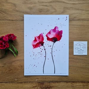 Minimalistisches Enkaustik Kunstwerk // 2 Mohnblumen in leuchtendem Rot // Liebesgruß // DIN 6 // handgemalt // als Original verschickt
