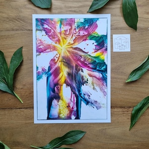 Carte avec un beau motif floral // couleurs vives à l'encaustique // dégradés de couleurs spectaculaires // effet 3D tangible // peint à la main // DIN5