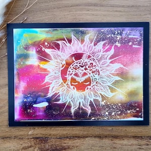 Prachtige zonmandala op heldere encaustische kleuren//wenskaart//wanddecoratie//cadeaubon//mini origineel kunstwerk