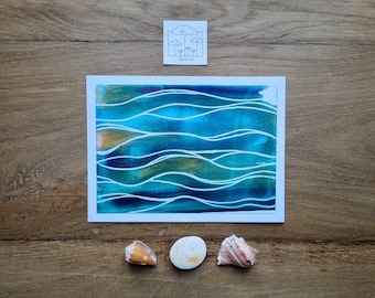 Pintura abstracta minimalista de olas // Pintada a mano con brillantes colores encáusticos y brillo dorado // Sin impresión // Olas // Mar