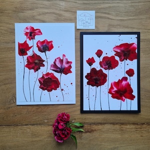 Set von 2 minimalistischen Kunstwerken mit kräftig roten Mohnblumen // Enkaustikmalerei // DIN 6 // handgemalt // als Original verschickt