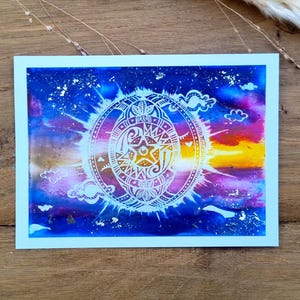 Mooie maanmandala op heldere encaustische kleuren//wenskaart//wanddecoratie//cadeaubon//mini origineel kunstwerk
