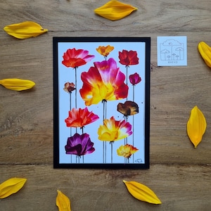 エンカウスティック絵の具で描かれた鮮やかな色の花とミニマリストなファインライナーの背景が描かれたカード // DIN 6 // オリジナルとして発送