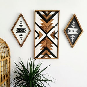 Geometric Handmade Wood Wall Art,Large Aztec Wood Wall Hanging, Rustic Wooden Wall Art for Livingroom, Housewarming Gift, Handmade Gift