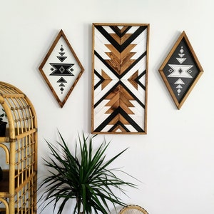 AZTEC wood wall art, Wood Wall Art, Boho Art, Aztec Wood, Boho Wood Art, Wood Hanging, wood decor, Wood Wall Decor, Rustic wood wall art AZTEC TRIO -diamond