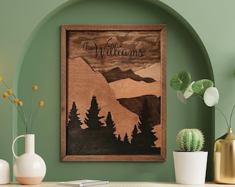 Personalized Wood mountain wall art, nursery decor, custom snow capped mountain, modern farmhouse mantle decor, rustic Farmhouse bedroom art