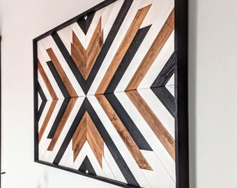 Aztec Wood Wall Art – Geometric Rustic Decor – Boho Farmhouse Wooden Hanging