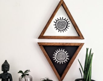 SET of 2 Wood Sign, Aztec Triangle, Wood Sign, Wood Wall Art, Wall Hangings, Home Decor, Spiral Triangle Wood Sign