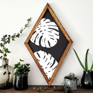 Monstera Wood Wall Art, Wood Sign, Home Decor Flower, Diamond Wood Sign, Botanic wood wall art, bohemian decoration, Monstera wooden image 2