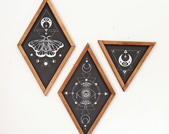 Set of 3 Wood Sign, Wood Wall Art, Wall Hangings, Sacred Geometry Wall Art, Moon Phase, Moth wall art, halloween decor, mystical wall art