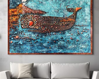 Large Abstract Textured Painting “Hull 01” – Turquoise Orange Modern Wall Art, Original Acrylic Canvas