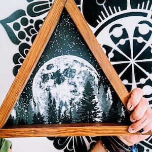 Foresta lunare, cartello in legno azteco, arte da parete in legno, arte da parete in legno forestale, cartello in legno azteco per la casa, arte da parete in legno, arte in legno forestale, arte da parete lunare