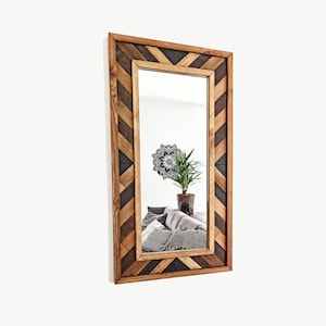 Aztec Wood Frame Mirror: Boho Wall Hanging (33x17&quot;)
