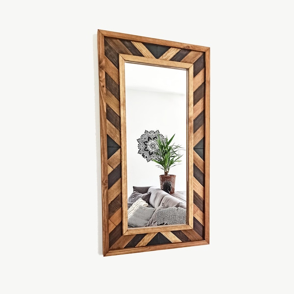 Décor mural en bois| Cadre d’art mural en bois miroir| Tenture murale AZTÈQUE| Miroir mural en bois| Miroir à cadre en bois| Grand miroir mural| Cadeau de mariage en bois