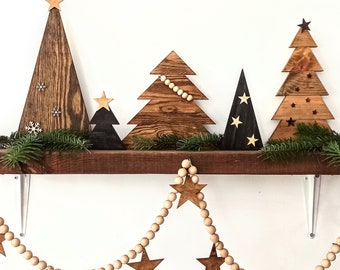 SET 5 Wood Christmas Trees, Boho Wood Wall Art, Wood Hanging, Weihnachtsdekorationen, Holiday Decor, wood wall art, Chrismas decoration