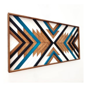 Aztec Wood Wall Art: Petrol Geometric Wall Hanging