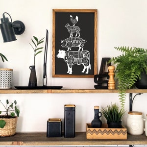 May include: Black and white illustration of a cow, pig, sheep, and rooster, with labels for different cuts of meat. The illustration is framed and hanging on a white wall above a shelf with various items.