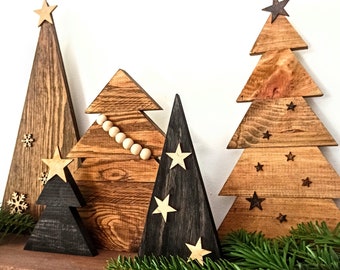 SET Arbres de Noël en bois faits à la main, décoration d’arbre de Noël, arbre en bois de Noël, ornements de Noël, décoration de table, décor en bois de Noël