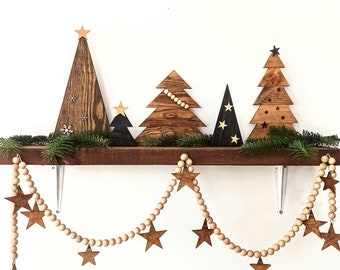 SET houten kerstbomen en slinger, houten muurkunst, houtophanging, vakantieornament, vakantiedecor, houten muurkunst, Chrismas decoratie