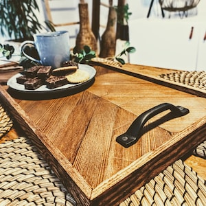 Solid Wood Ottoman Tray: Aztec Design Serving Tray with Handles