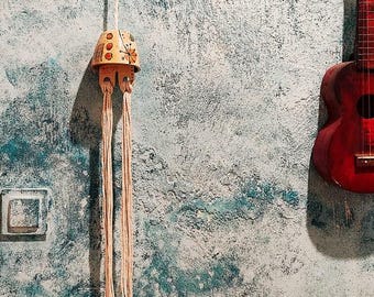 Hand-Painted Ceramic Wall Bell: Boho Macrame Hanging Decor