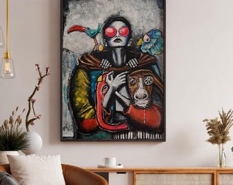 Large, textured, colorful abstract painting on canvas, modern, animal wall art for living room