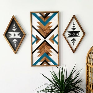 Handcrafted Aztec Wood Wall Decor: Petrol Blue Bohemian Art (16x32)
