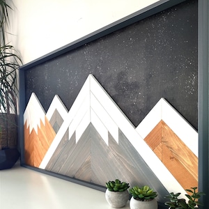 Modern wall art mountain, Grey Mountain wall art, Wood mountain wall art nursery, modern farmhouse, 3D aztec wood wall art, gift for her image 8