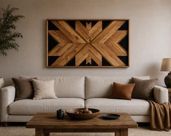 Large Wood Wall Art, Geometric Japandi Panel, Rustic Modern Wooden Art for Living Room