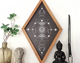 Prophet eye Wood , Wood Wall Art, Wall Hangings, Sacred Geometry Wall Art, Moon Phase, Moth wall art, halloween decor, mystical wall art