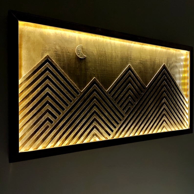 Led Mountain Wall Art Neon Wood Wall Art Led Lighted Etsy