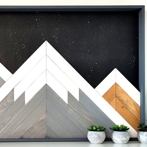 Modern wall art mountain, Grey Mountain wall art, Wood mountain wall art nursery, modern farmhouse, 3D aztec wood wall art, gift for her image 6