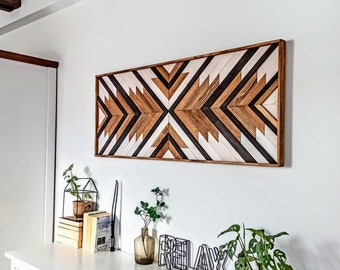 44x20 '' AZTEC Holzwandkunst, Boho Art, Aztekenholz, Boho Holzkunst, Holzbehang, geometrisches Holz, Holzwanddekor, Wanddekorholz