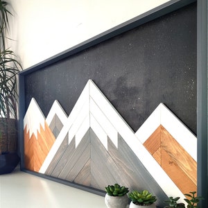 Modern wall art mountain, Grey Mountain wall art, Wood mountain wall art nursery, modern farmhouse, 3D aztec wood wall art, gift for her image 1