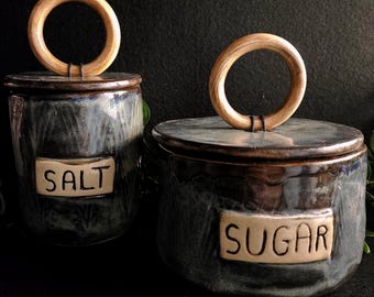 Handmade Ceramic Salt and Sugar Jars | Stoneware Kitchen Containers with Wooden Handle