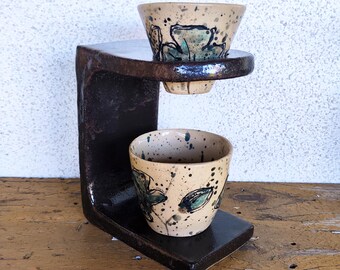 Handmade Botanical Ceramic Pour Over Coffee Set: Stoneware Dripper and Mug, gift for Her
