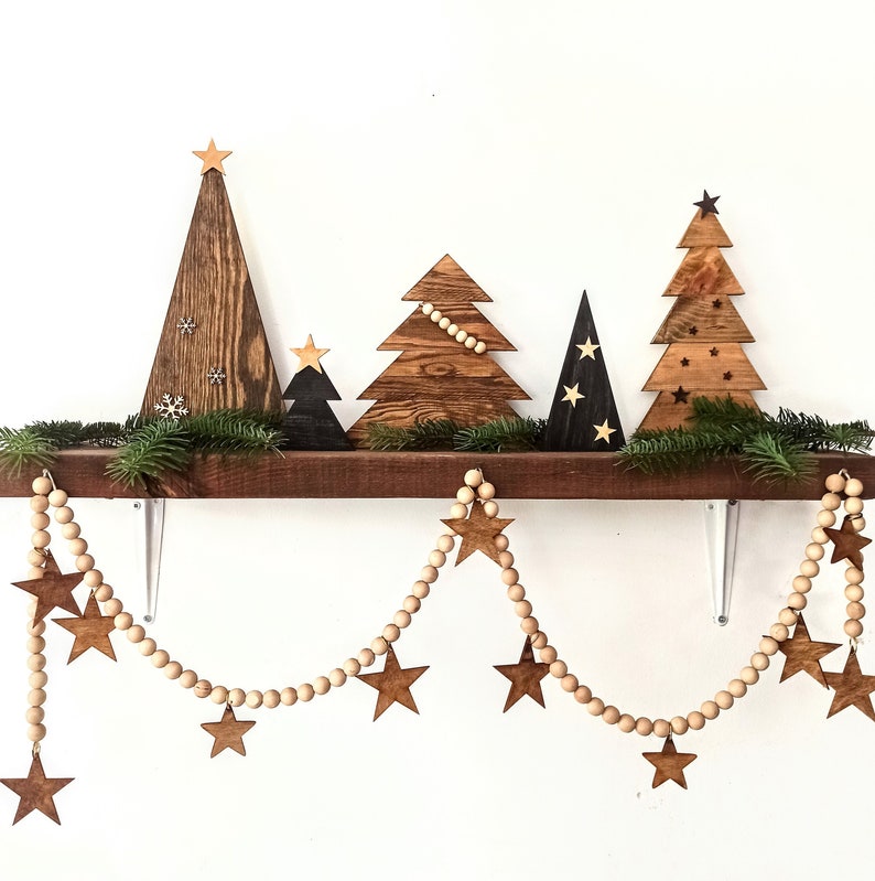 WOOD Weihnachtsgirlande, Boho Girlande, Weihnachtsgarn-Girlande, Weihnachtsdekor, rustikale Weihnachten, Scandi-Weihnachtsdekoration, handgefertigt aus Holz Bild 4