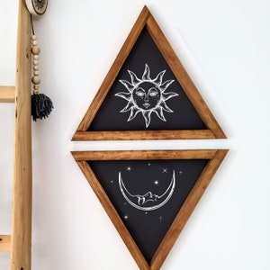 Sun and Moon Aztec Wood Sign Set: Boho Wall Decor