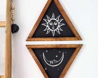 Zestaw drewnianych znaków azteckich „Słońce i Księżyc”: dekoracja ścienna w stylu boho