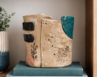 Slab-Built Ceramic Vase, Textured Stoneware Vessel, Wabi-Sabi Art Pottery